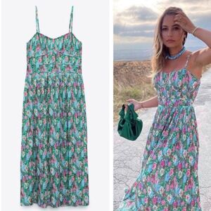 Zara Spaghetti Straps Pleated Floral Midi Dress Green Blue Pink Size M